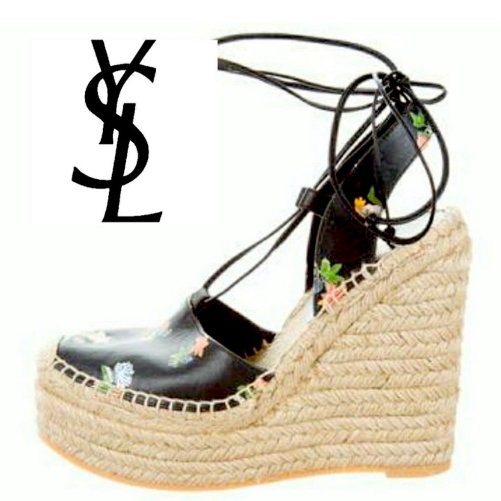 Saint Laurent YSL Grunge Flower-Print Black Leather Espadrille Wedge size 40/10